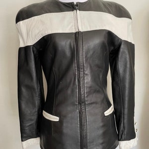 80s Black and White Soft Leather Vintage Jacket with Fitted Style, Zip Front, Cuffed Sleeves, Slash Pockets by Tannery West XS Extra Small image 1