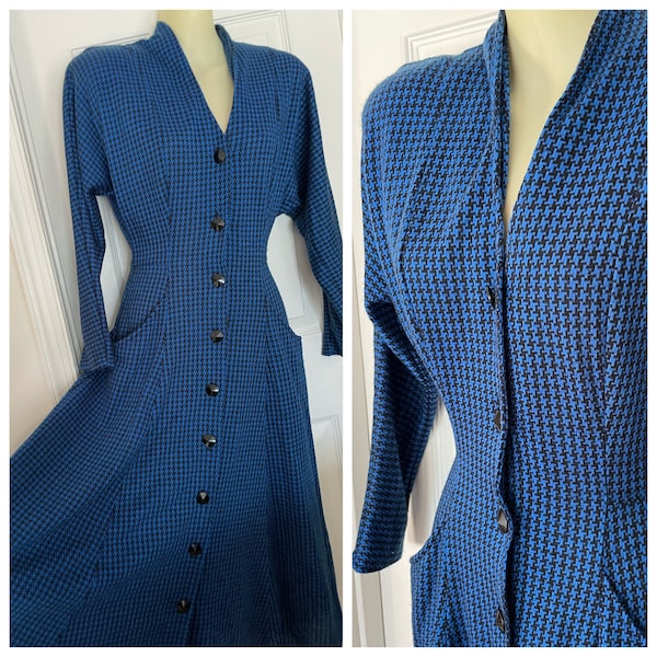 Little Blue and Black Houndstooth Dress with Pockets and Wasp Waist by All That Jazz Of California Size XS Very Good Vintage Condition