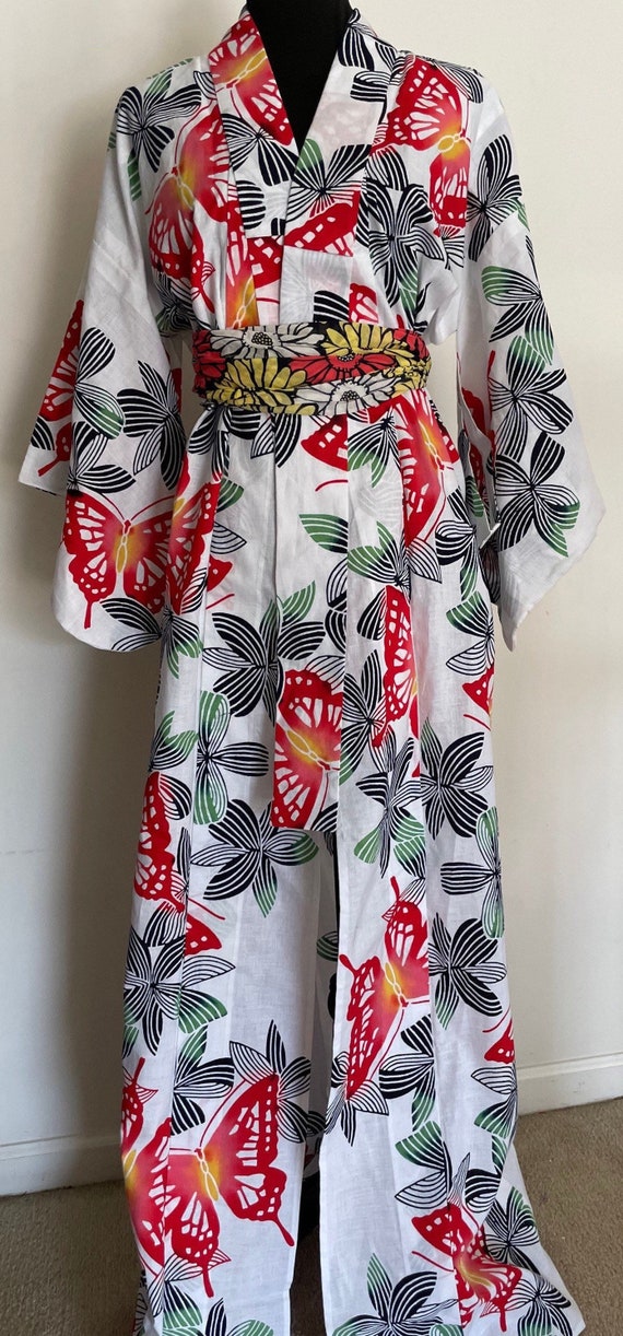 Crisp Cotton Kimono Style Long Robe with Butterfl… - image 2
