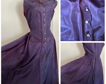 Dazzling 40s Rich Purple Taffeta Dress with Full Skirt, Glass Buttons and Unique Designs Very Good Vintage Condition