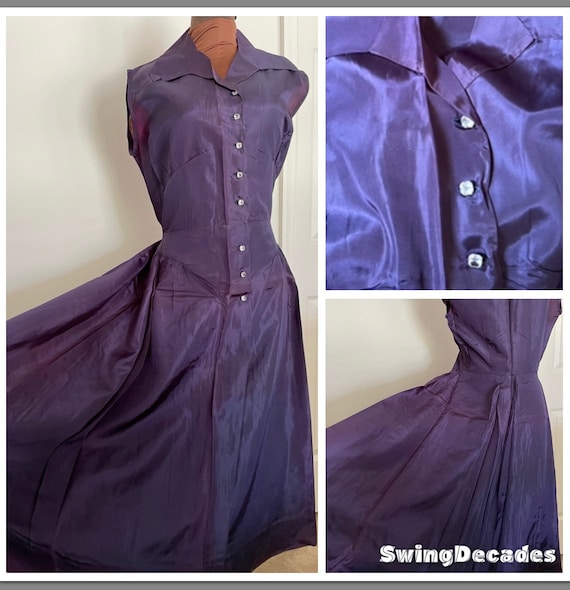 Dazzling 40s Rich Purple Taffeta Dress with Full … - image 1