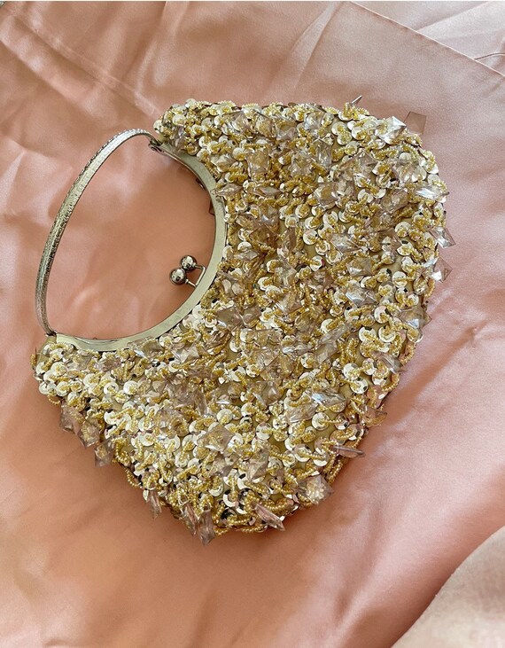 Sparkling Gold Beaded Purse With Circular Handle … - image 6