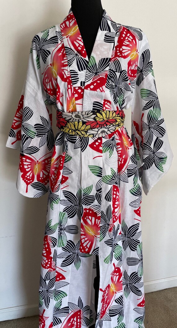 Crisp Cotton Kimono Style Long Robe with Butterfl… - image 6