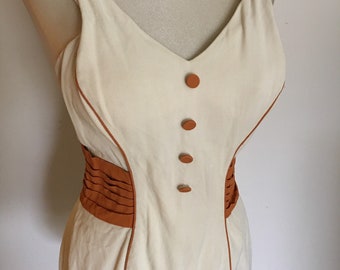 1950s Sexy Tuxedo Style Swimsuit in Cream and Orange by RMR Juniors in Excellent Vintage Condition