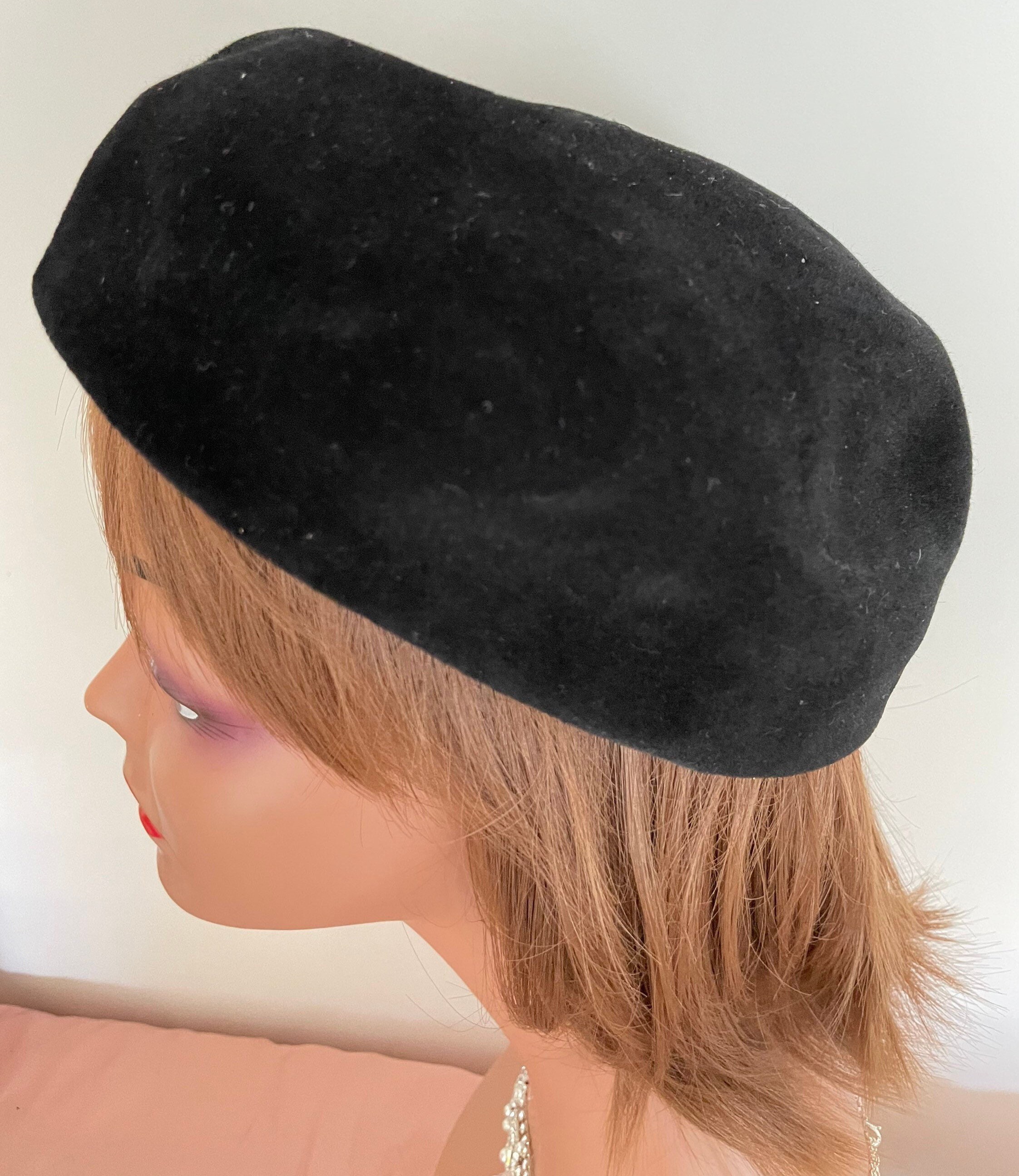 Italian Designed Black Fur Cloche, Midcentury Beret Style