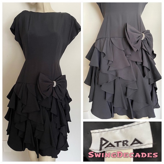 80s Black Crepe Early Patra Prom Dress with Hip B… - image 1