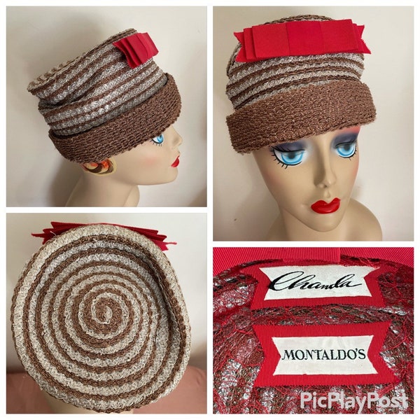 Mid Century Brown Gray Straw Cocktail Hat with Red Bow by Designer Chanda from Montaldo’s  In Excellent Condition