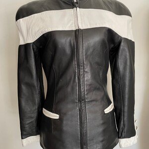 80s Black and White Soft Leather Vintage Jacket with Fitted Style, Zip Front, Cuffed Sleeves, Slash Pockets by Tannery West XS Extra Small image 2