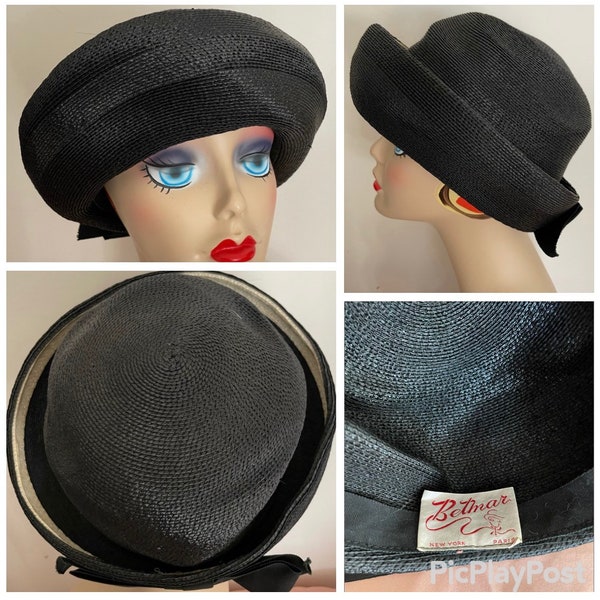 40s Black & White Cocktail Hat by Betmar, NY Paris Woven with Rolled Brim Schoolgirl or Bowler Style Excellent Condition