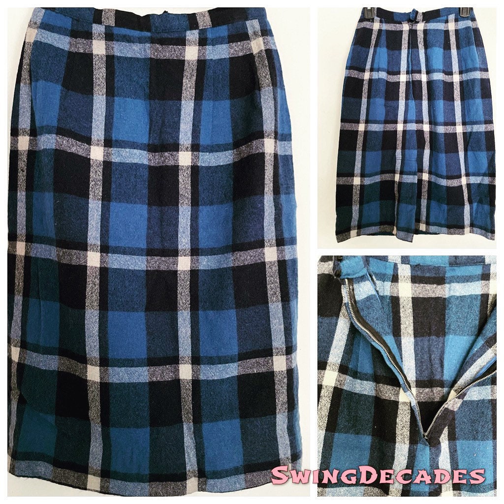 1940s Wool Pencil Skirt in Pink and Blue Plaid