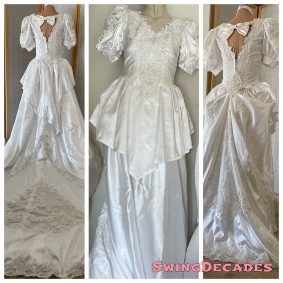 Elegant 80s Form Fitting Satin Wedding Gown with … - image 1