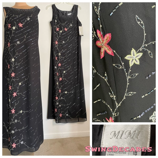 Sweet Long Black Dress with Silver, Red and Yellow Embroidery by Mimi Never Worn New with Tags Large Size 18 Great Vintage Condition
