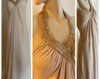 70s Sexy Beige Halter Gown with Gold Sequined Neckline Halter Maxi Dress in Soft Jersey Knit Excellent Condition Medium Size