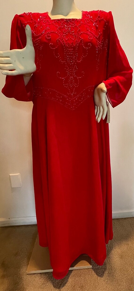 Elegant Red Evening Dress & Prom Gown with Beaded Bodice and Flowing Train