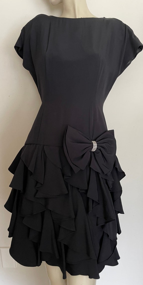 80s Black Crepe Early Patra Prom Dress with Hip B… - image 3