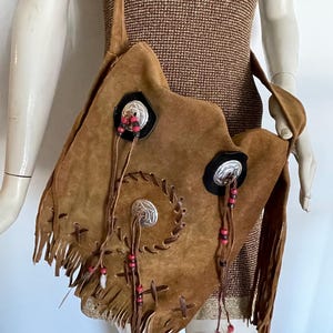 Split Leather Fringed Crossbody Bag Boho Native Style with Fringe and Decorative Choncho Great Vintage Condition