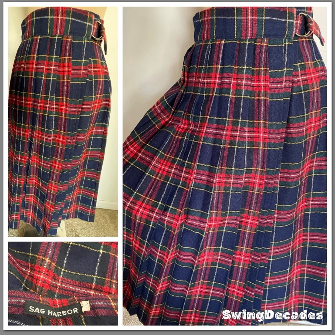 Wool Blend Long Pleated Wrap Around Skirt in Red,black, Blue