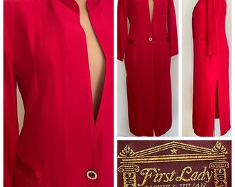 Formal Red Crepe Dress Coat, Mandarin Collar, Satin Trim, Designer First Lady by Jackie & Julian Great Vintage Condition