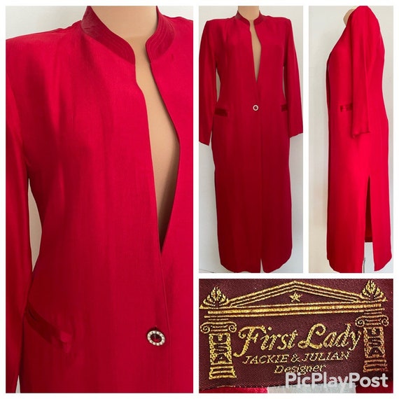 Formal Red Crepe Dress Coat, Mandarin Collar, Satin Trim, Designer