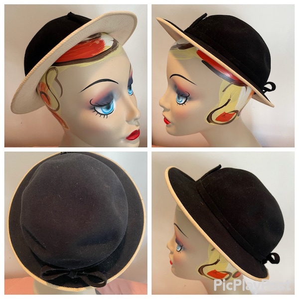 Small Bowler New York Creation Black Wool Felt Hat with a Crisp Fabric Brim Schoolgirl Style Merrimac Corp Excello Excellent Condition