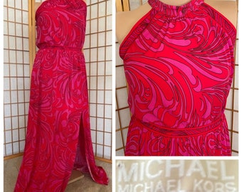 Absolutely Stunning Michael Kors Vintage 90s Mod Maxi Dress 70s Style in Bright Colors and Large Size Halter Influenced