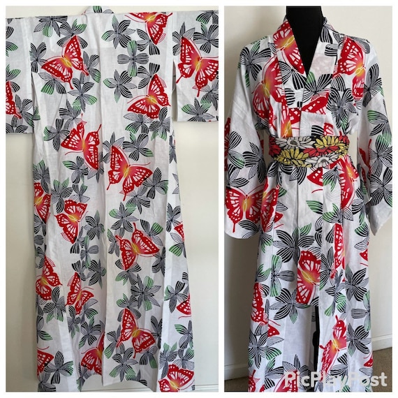 Crisp Cotton Kimono Style Long Robe with Butterfl… - image 1