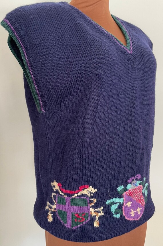 Vintage Sweater Vest in Blue with Coats Of Arms b… - image 3
