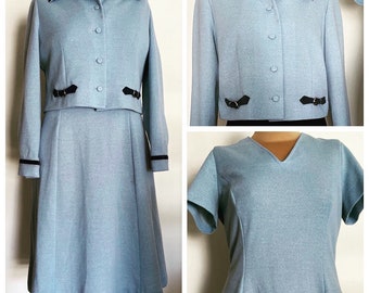 60s light Blue Knit Dress Suit  with Decorative Buckles by Designer Nancy Greer, New York in Excellent Vintage Condition Size Medium