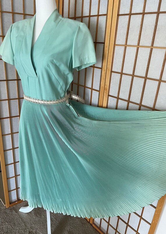 Amazing 50s Satin Dress with Pleated Skirt and Si… - image 2