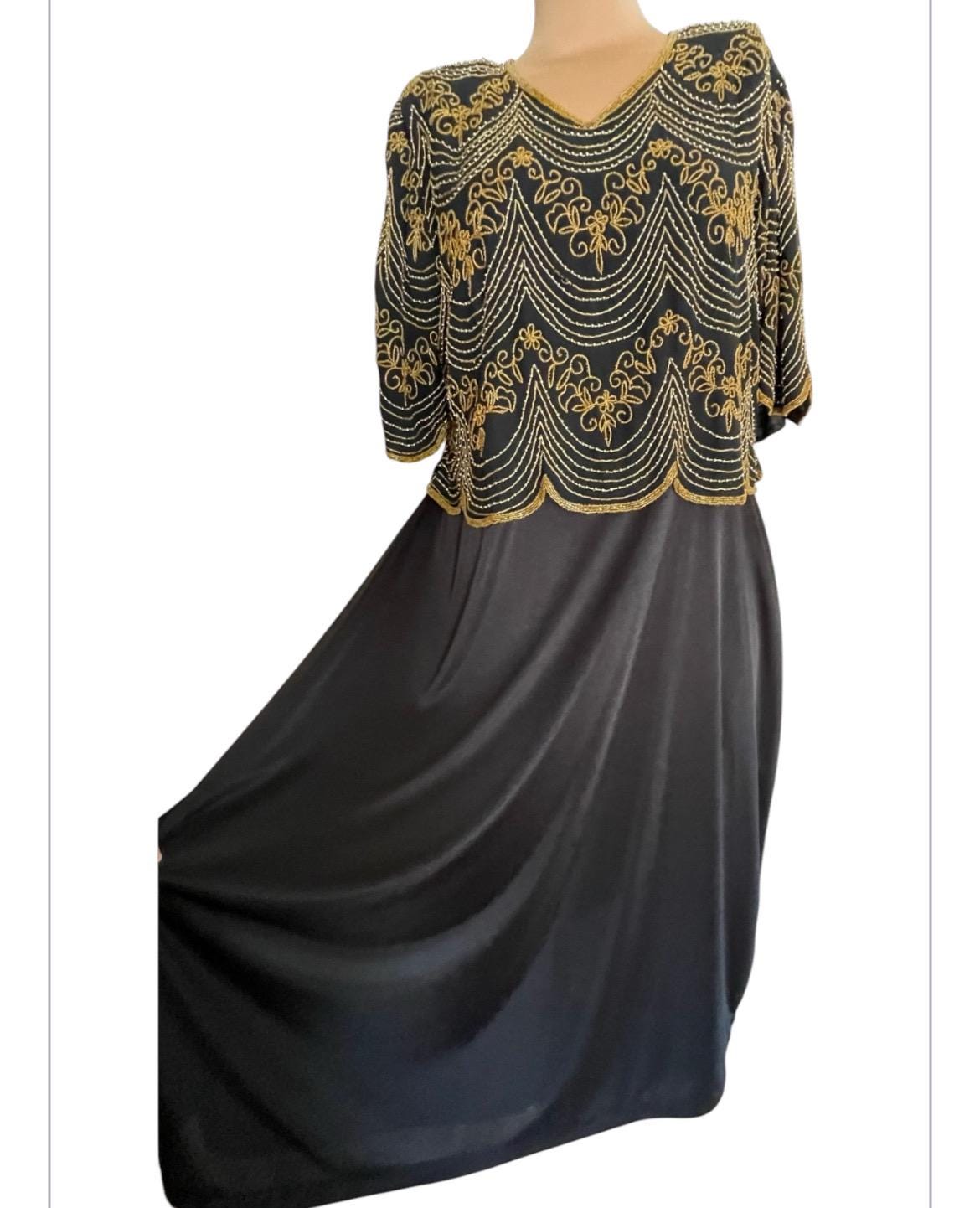 Black Chiffon Dress With Gold Beaded Top Perfect in Plus Size Excellent  Vintage Condition - Etsy Hong Kong