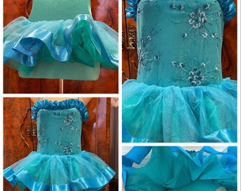 Sparkling Blue and Green Ballet Tutu Dance Costume Stretch with Embroidery in Excellent Condition Medium Child Size