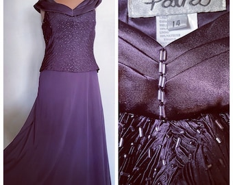 Rich Purple Formal Dress with Bead and  Sheer Chiffon Skirt By Patra Large Size in Excellent Vintage Condition