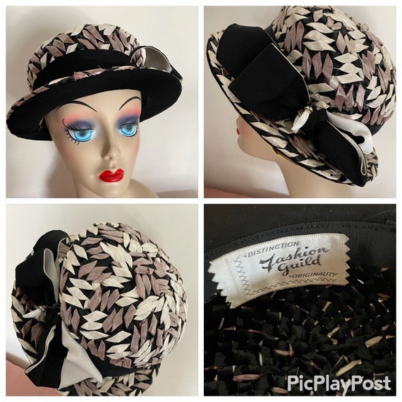 Amazing Midcentury Tricolor Straw Hat With Rhinestone Embellished Bangle by  Distinction Fashion Guild Originality Great Vintage Condition 