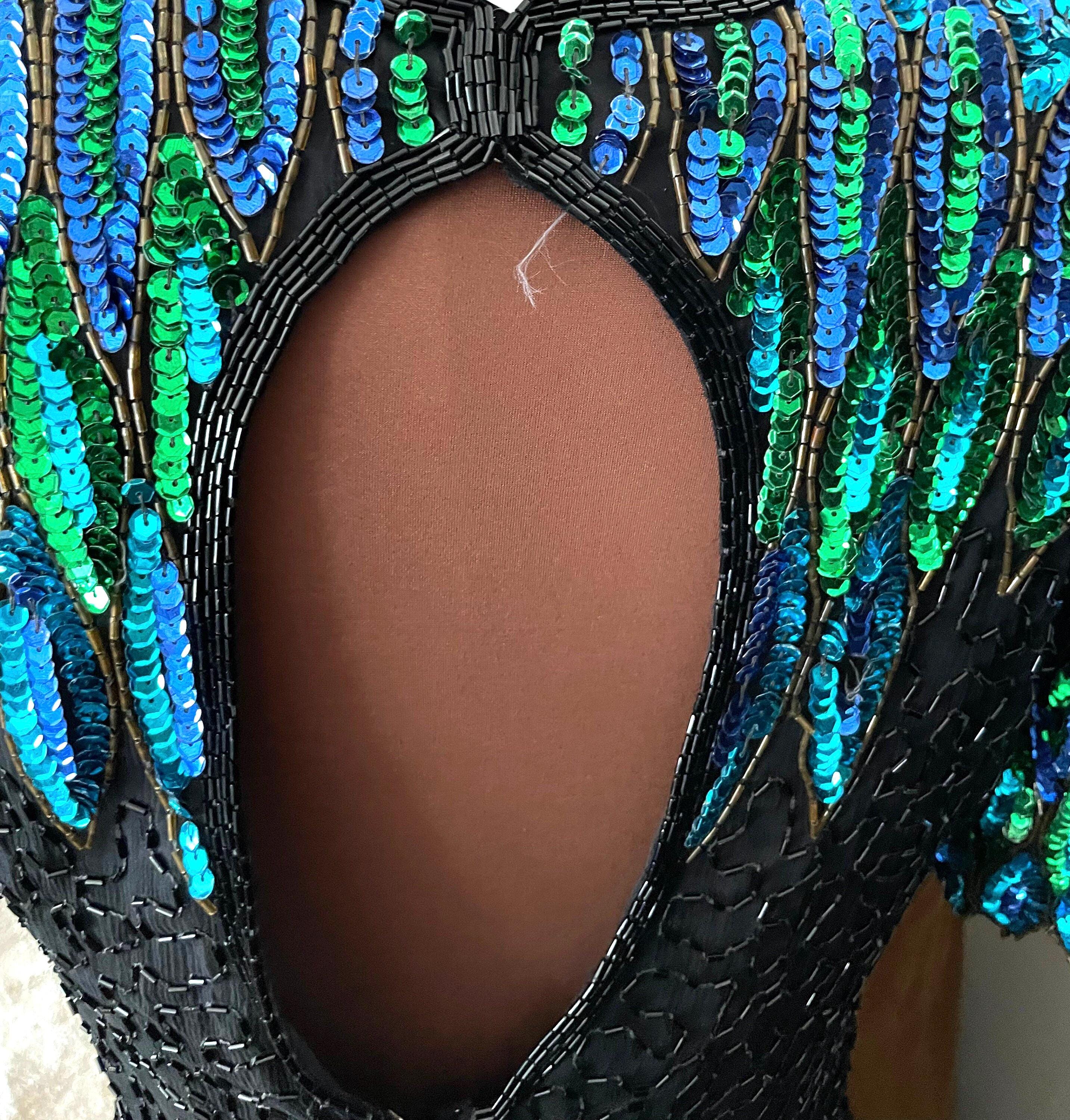 stenay beaded dress 80s Black Silk Beaded Dress with colorful Blue Green and Gold Beads and Sequins by Stenay Size S/M Excellent Vintage Condition