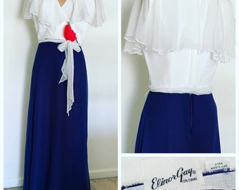 Bicentennial Themed 70s Chiffon Maxi With Ruffled Collar to Angel Sleeved by Elinor Gay Originals in Excellent Condition