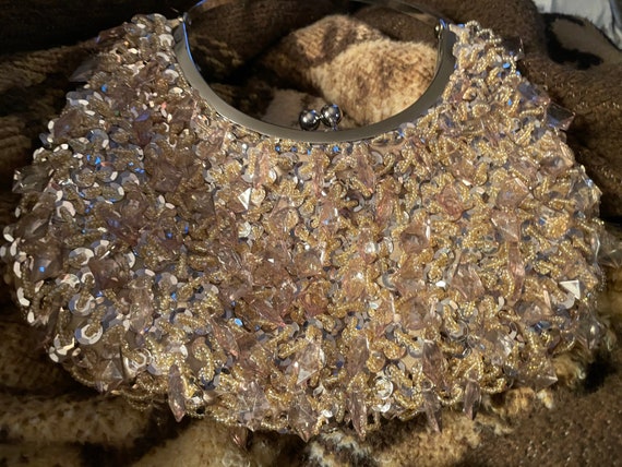 Sparkling Gold Beaded Purse With Circular Handle … - image 8