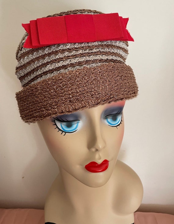 Mid Century Brown Gray Straw Cocktail Hat with Re… - image 2