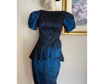 Rich 80s Royal Blue Taffeta and Lace Vintage Designer Formal Long Wiggle Gown by Dance Allure division of Alfred Angelo with Union Label