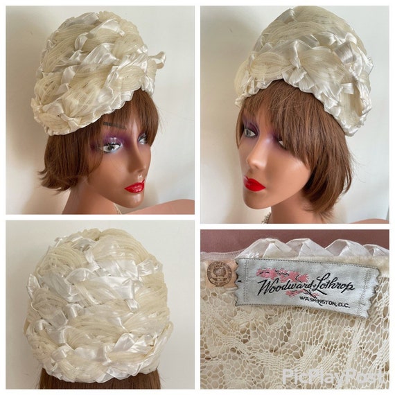 60s Couture Vintage White Straw Beehive Style Hat… - image 1