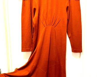 Sunburst 70s Orange Maxi Dress with Long Sleeves and High Neck Prefect to Add Vintage Accessories in Wool Knit Good Condition