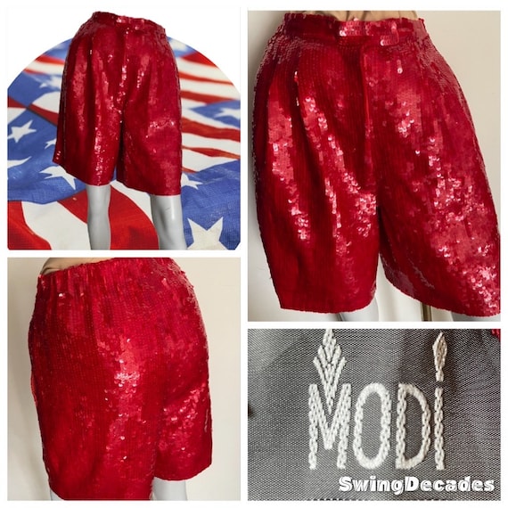 Sparkling 80s Red Silk Sequined Shorts Dance Cosp… - image 1