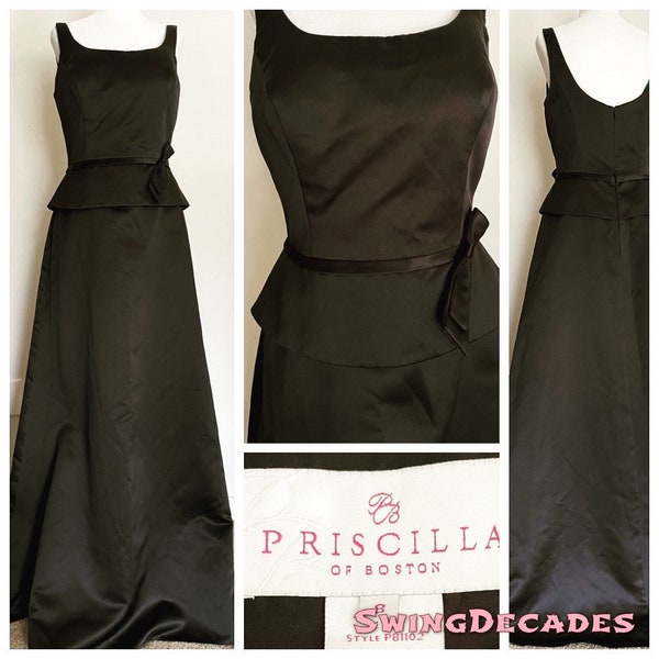 Elegant Priscilla of Boston 90s Black Satin Formal Dress In Excellent Vintage Condition Size Small
