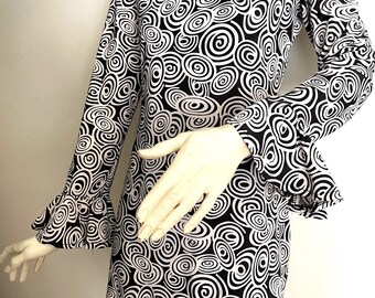 Sweet 70s Sizzler Style Mini Dress Vintage 90s Mod in Black and White Swirls Medium Size Great Condition