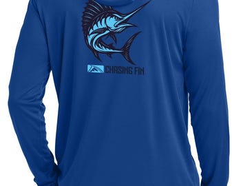 Chasing Fin Marlin Performance Long Sleeve Shirt with Hoodie Blue