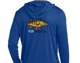 Chasing Fin Peacock Bass Performance Shirt Long Sleeve with Hoodie Blue