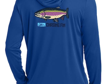 Chasing Fin Rainbow Trout Performance Long Sleeve Hoodie Blue