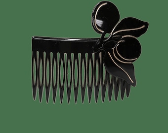 French Vintage Hand Painted Gold Trim Cherry Hair Comb for Women