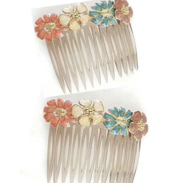 Vintage Handmade Enamel Flowers Hair Comb