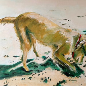 Sandy on the Beach. Original oil painting of Golden Retriever on the beach.