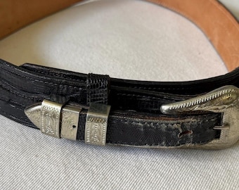 Een vintage riem van Billy Martin, gemaakt van echt zwart hagedissenleer met massief zilveren beslag door Justin.